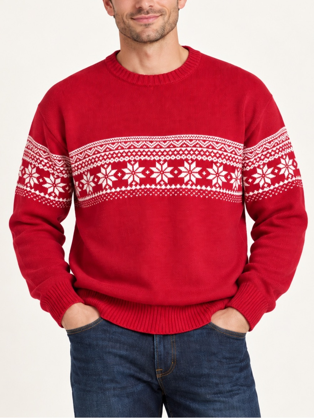Jos A Bank XL Red White Fair Isle Snowflake Cotton Christmas Holiday Sweater